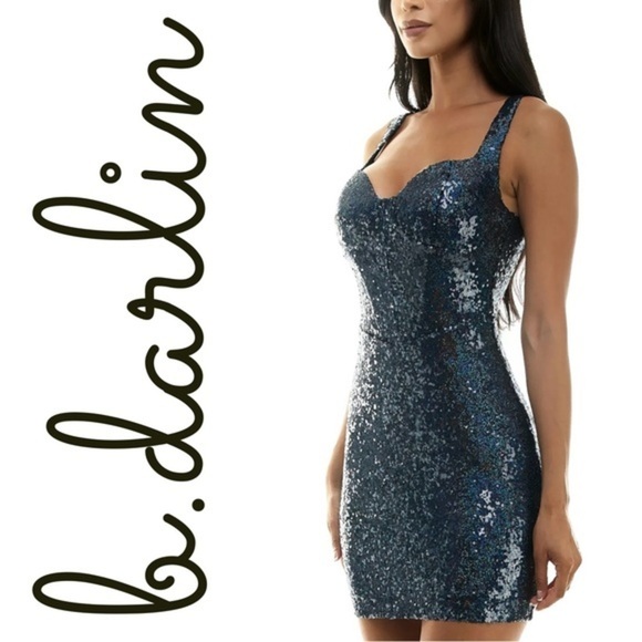 B Darlin Sequin Sweetheart Mini Dress Blue - Picture 1 of 8